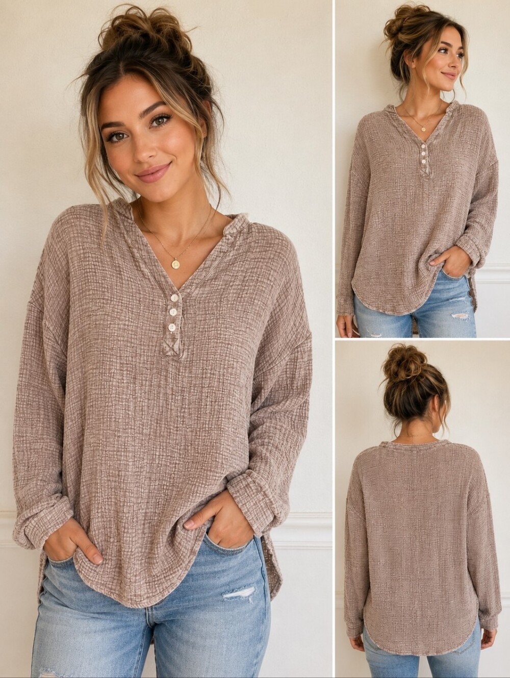 Relaxed Taupe Crinkle Henley Tunic - Women